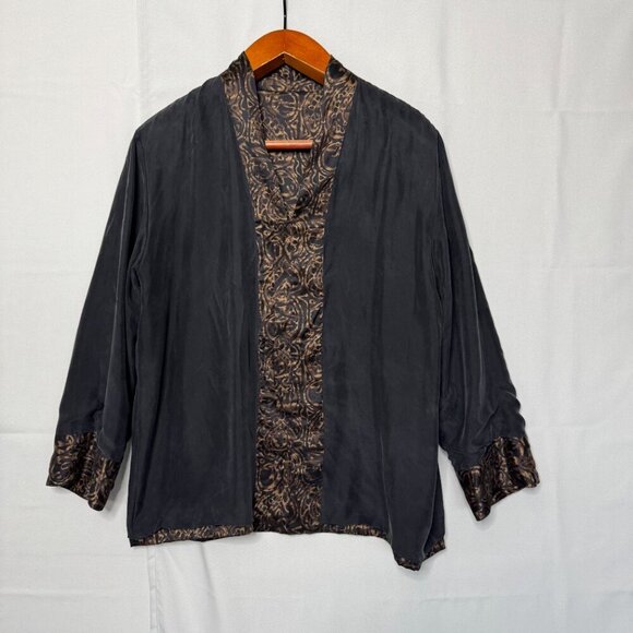 Vintage Chicos Design 100% Silk Brown Tan Black Filigree Print Tunic Jacket - Picture 10 of 11